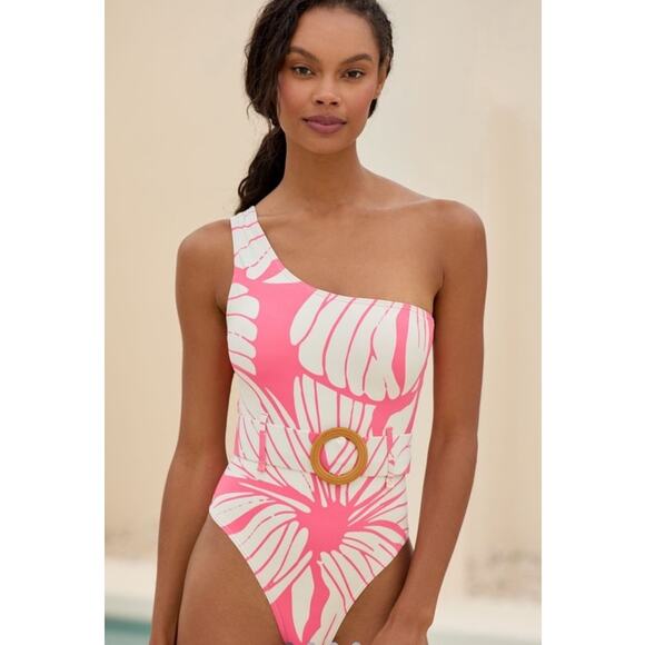 Hutch Other - Hutch One-Shoulder Pink & White Tropical Leaf Swimsuit Size L